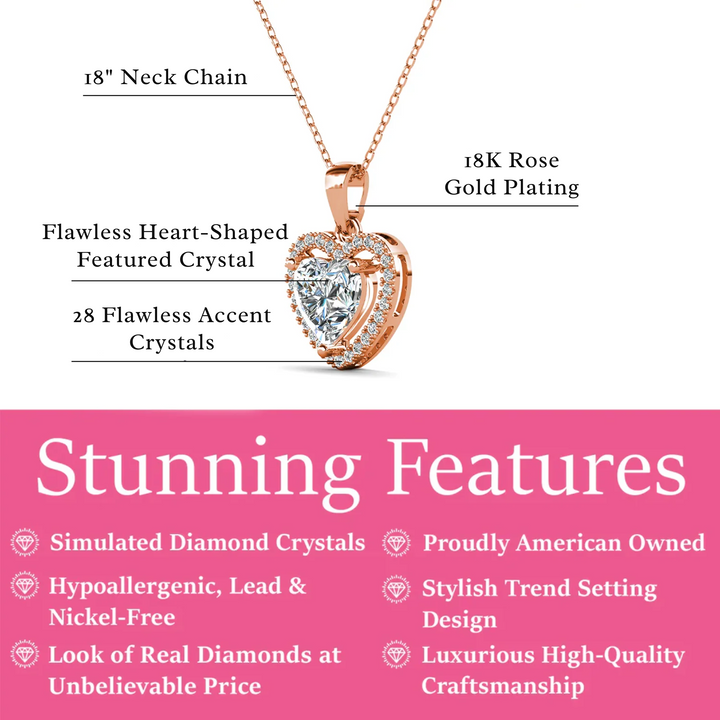 Cate & Chloe Amora 18k White Gold Plated Halo Heart Pendant Necklace with Simulated Diamond Crystals