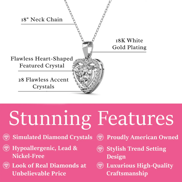 Cate & Chloe Amora 18k White Gold Plated Halo Heart Pendant Necklace with Simulated Diamond Crystals