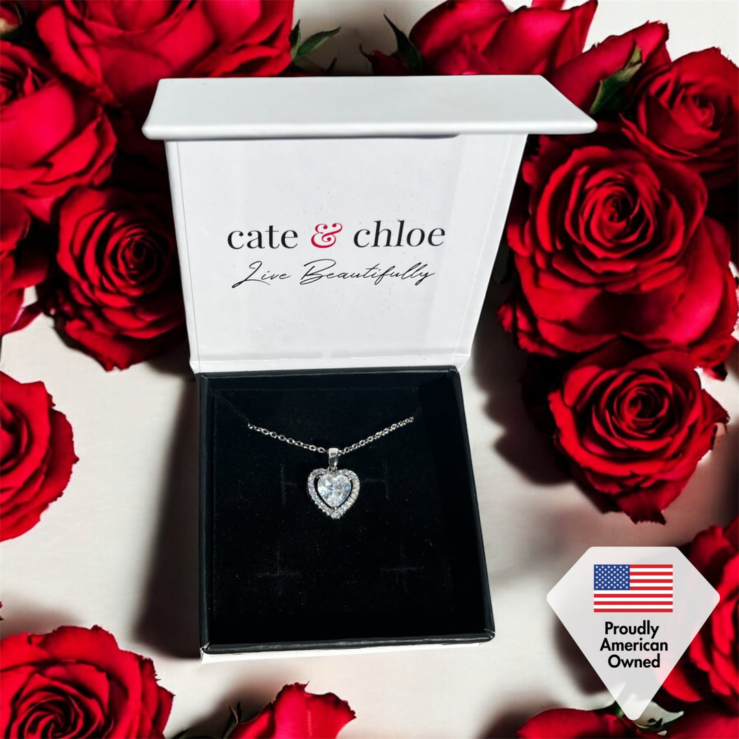Cate & Chloe Amora 18k White Gold Plated Halo Heart Pendant Necklace with Simulated Diamond Crystals