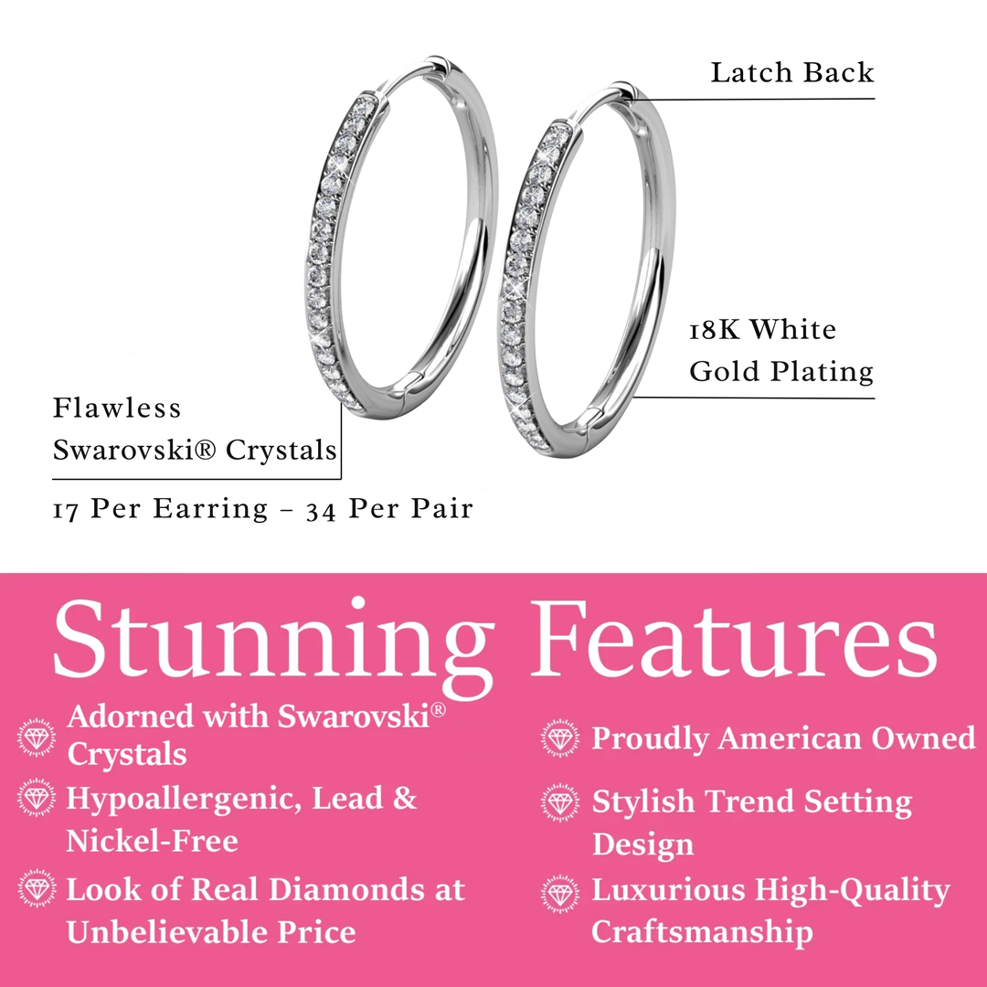 Cate & Chloe Bianca 18k White Gold Plated 25mm Silver Hoop Earrings with Swarovski Crystals