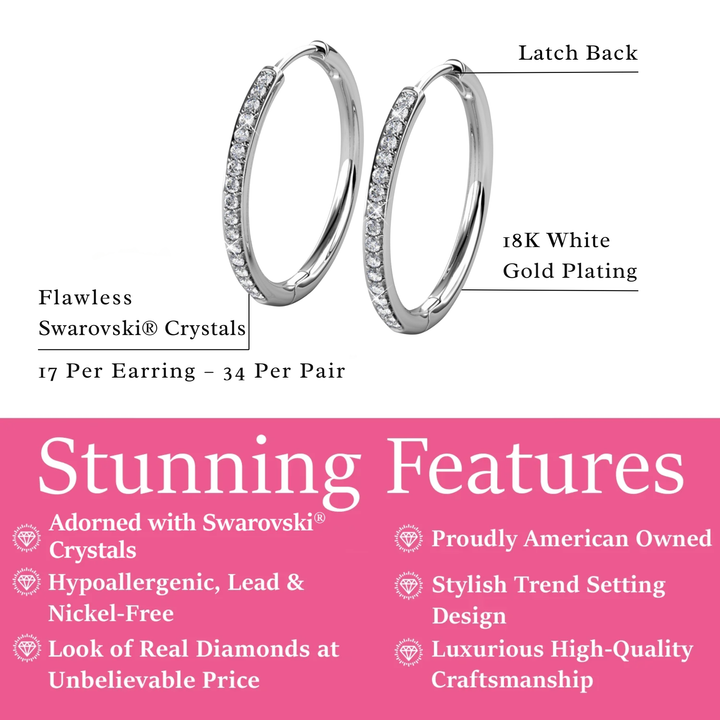Cate & Chloe Bianca 18k White Gold Plated 25mm Silver Hoop Earrings with Swarovski Crystals