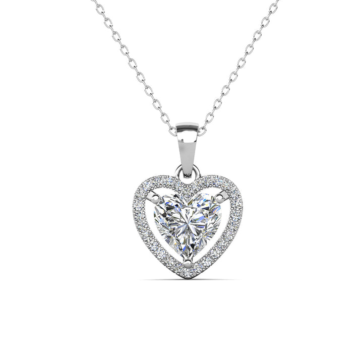 Cate & Chloe Amora 18k White Gold Plated Halo Heart Pendant Necklace with Simulated Diamond Crystals
