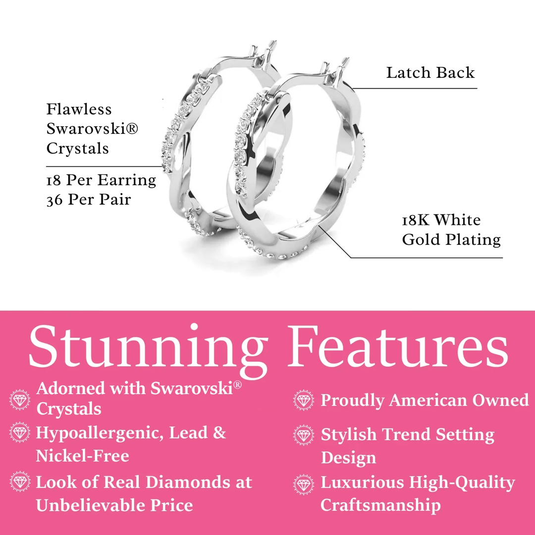 Cate & Chloe Lauren 18k White Gold Plated 22mm Twisted Hoop Earrings with Swarovski Crystals